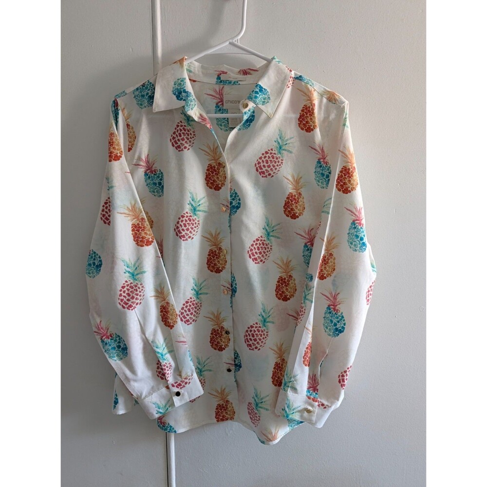 Chico's Sz 2P No-Iron Shirt Pineapple Tropical Cruise Button Down Cotton coastal